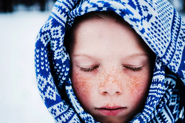 Close Portrait Boy Freckles Wrapped Scarf United States — Stock Photo, Image