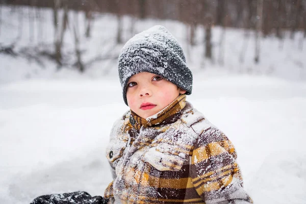 Portret Van Jongen Kind Bedekt Met Sneeuw Winter Park Scene — Stockfoto