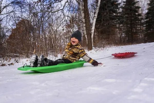 Boy Sledge Laughing Wisconsin États Unis — Photo