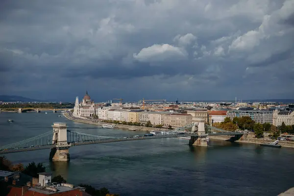 Aerial View City Skyline Szechenyi Chain Bridge Budapest Hungary — Stock Photo, Image