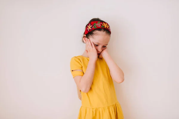 Portrait Tired Girl Rubbing Her Face White Background — Stock Photo, Image