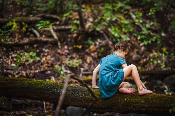 Girl Climbing Fallen Tree Forest United States — Stock Photo, Image