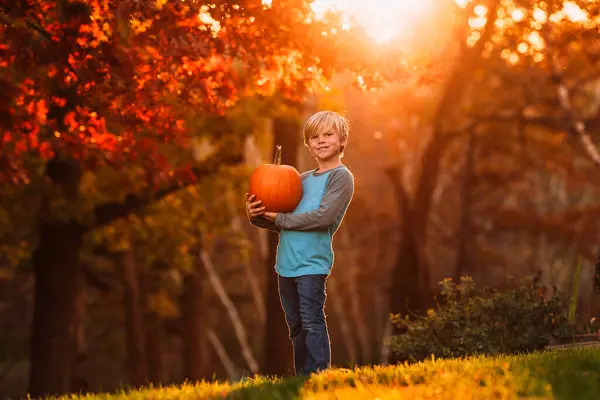 Boy Standing Garden Holding Pumpkin Stany Zjednoczone Ameryki — Zdjęcie stockowe