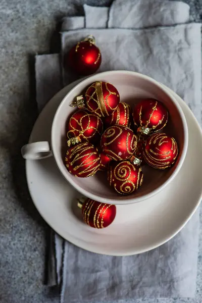 Christmas Card Concept White Bowl Full Red Mas Balls — Stock Photo, Image