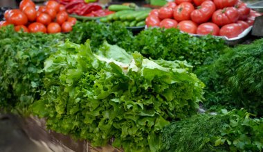 Taze marul, otlar ve domatesler yerel bir gıda pazarında sergileniyor, çeşitli canlı sebzeler sergileniyor ve canlı bir ortamda üretiliyor.