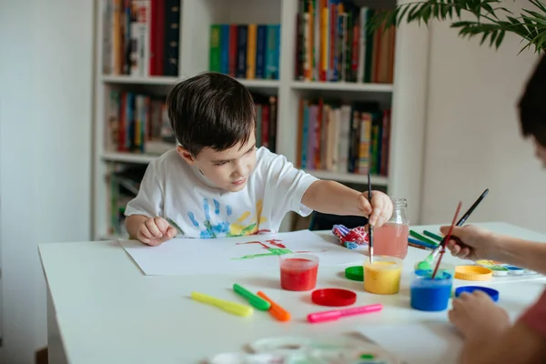 Left Handed Little Boy Reaching Paint Paintbrush His Hand Child — Stock Photo, Image