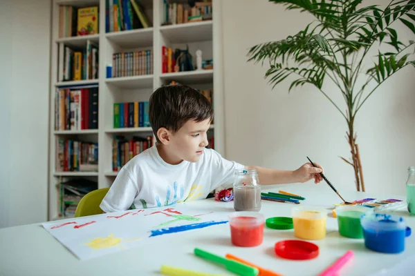 Left Handed Year Old Boy Reaching Watercolor Paintbrush His Hand — Stock Photo, Image