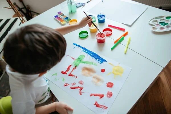 Left Handed Year Old Boy Reaching Red Paint Paintbrush Top — Stock Photo, Image