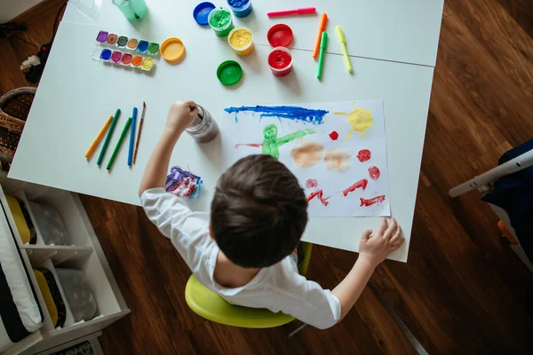 Year Old Boy Cleaning Brush His Left Hand Paint Jar — Stock Photo, Image