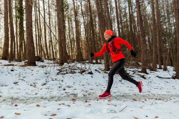 冬に森を駆け抜ける女 寒い冬の日に森の中を走るハイドレーションベストトレイルを身に着けている笑顔の女性ランナーの側面図 ストック写真