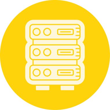 Basit hatlara sahip üç üst üste dizili sunucu rafı içeren sarı dairesel tasarım