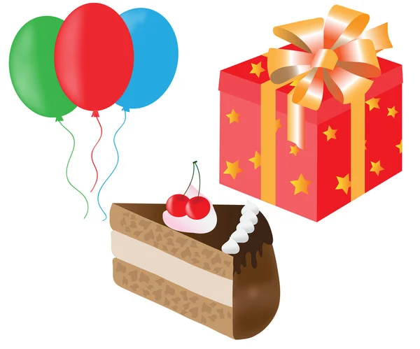 Набор тортов, воздушных шаров, подарочных коробок на день рождения — стоковый вектор