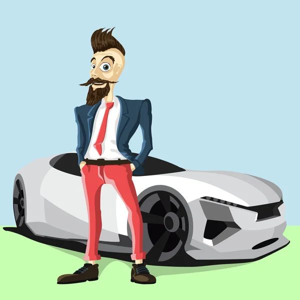 Hipster barba uomo e auto — Vettoriale Stock