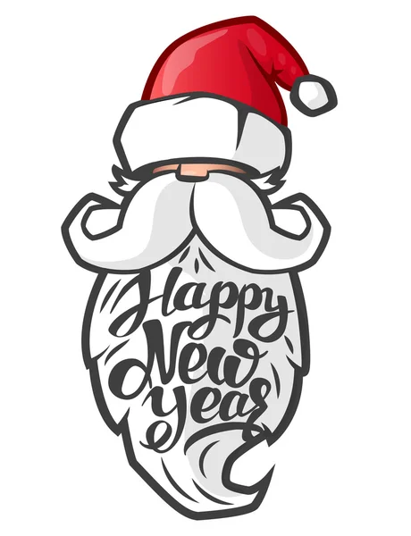 Santa Claus y letras hechas a mano feliz año nuevo en la barba . — Vector de stock