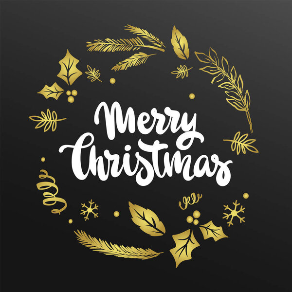 Merry Christmas Lettering Gold Design. vector illustration