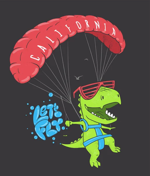 Funny dinosaur with paragliding. Vector shirt print design. Royalty Free Stock Vectors