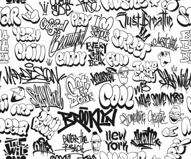 Vektör graffiti etiketleri, kusursuz desen. Tişört tasarımı, tekstil, afiş.