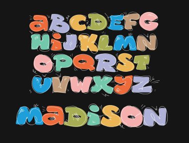 Parlak renkli balon tarzı komik alfabe tasarımı. Yaratıcı tipografi ve grafik tasarım kullanımı için oyuncu dekoratif yazı karakteri, vektör illüstrasyonu.