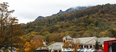 Büyüleyici bir ev güzel bir şekilde ağaçların sakin manzarasıyla çevrilidir. Arka planda görkemli dağlar görülebilir.