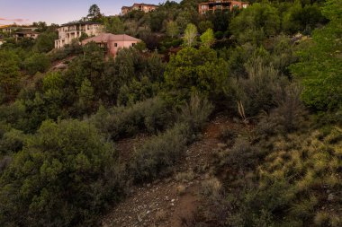 Ağaçlarla ve evlerle dolu huzurlu bir arazi, yoğun yeşillikler ve alacakaranlık renkleriyle sakin bir kırsal bölge.