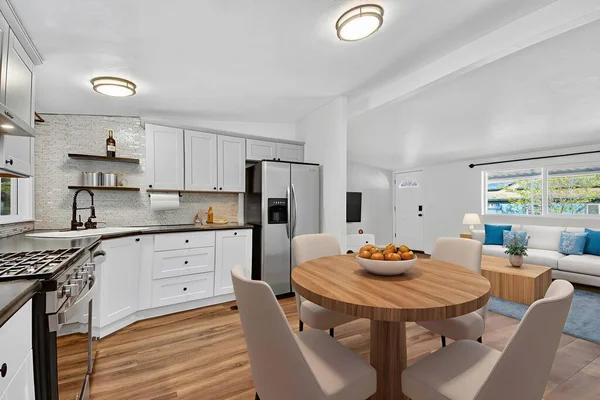 Yuvarlak Masalı Parlak Açık Mutfak Modern Dolap Paslanmaz Aletler ve Kolye Işığı, Samimi