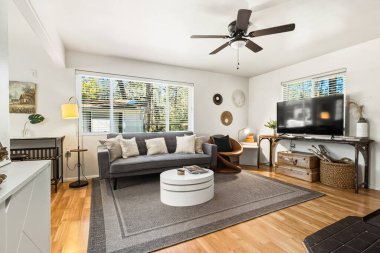 Kanepesi, televizyonu ve kahve masası olan, aile toplantıları ve medya geceleri için hazırlanmış güneşli oturma odası. Ahşap.