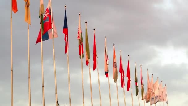 Pays et drapeaux d'entreprise flottant dans le vent contre un ciel nuageux bleu — Video