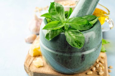 Beton zeminde İtalyan pesto sosu pişirmek için gerekli malzemeler. Seçici odak.