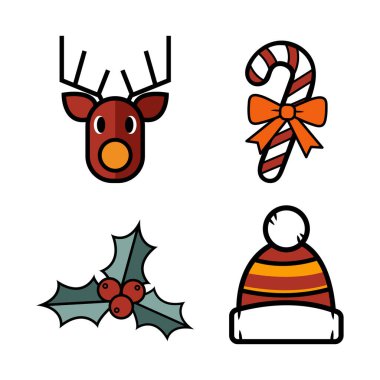 Düz dizayn edilmiş dört klasik Noel ikonundan oluşan canlı bir koleksiyon. Tebrik kartlarına, sosyal medyaya ve web sitesi dekorasyonlarına bayram neşesi katmak için mükemmel..