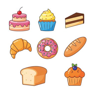 Çeşitli tatlı ve lezzetli kurabiyelerin renkli çizimi