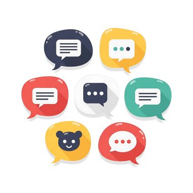 Beyaz arkaplan üzerinde çeşitli ifade ve metin içeren renkli konuşma baloncukları koleksiyonu