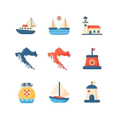 Beyaz arka planda tekneler, deniz fenerleri ve deniz unsurlarının yer aldığı renkli çizimler.