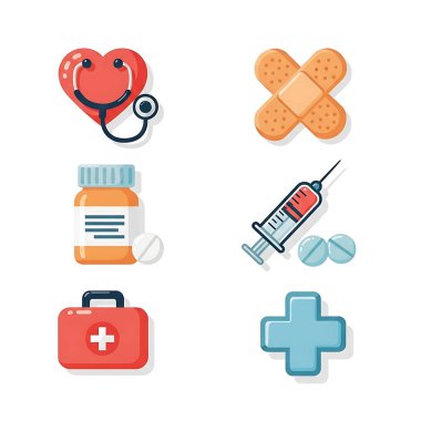Kalp, bandaj, ilaç şişesi, şırınga, ilk yardım çantası ve çapraz