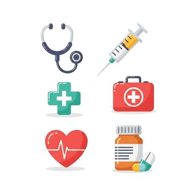 Stetoskop şırıngası ve ilk yardım çantasını içeren tıbbi simge koleksiyonu