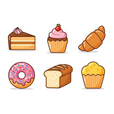 Pasta sayfası da dahil olmak üzere çeşitli fırınlanmış malların renkli çizimi