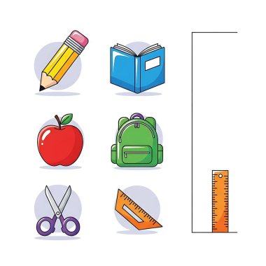 Çeşitli okul malzemelerinin ve kırtasiye malzemelerinin rengarenk çizimi düzgünce düzenlenmiş.