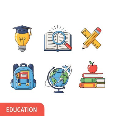 Mezuniyet şapkası, kitap, kalem, sırt çantası, dünya ve elma içeren renkli eğitim simgeleri koleksiyonu.