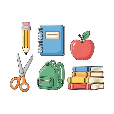 Kalem, defter, elma, makas, sırt çantası ve kitaplar gibi okul malzemelerinin renkli çizimi.