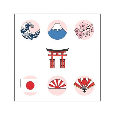 Japonya sembolleri, seyahat ve tatil, vektör illüstrasyonu