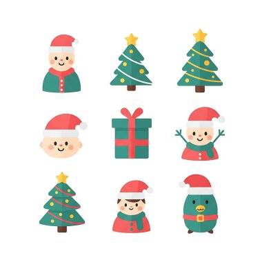 Noel ağacı seti. Sevimli çizgi film karakterleri. Beyaz arkaplanda izole edilmiş düz biçim vektör illüstrasyonu.
