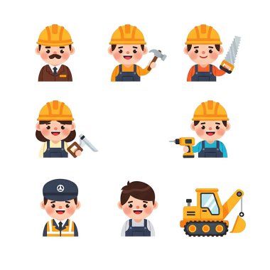 İnşaat işçileri karakterleri vektör illüstrasyonunu ayarladı