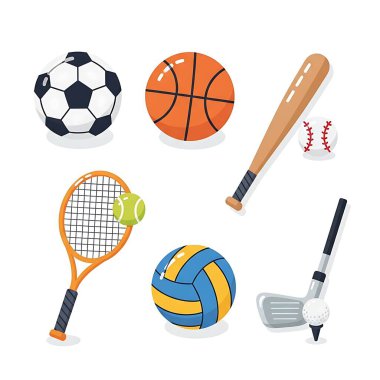 Beyaz arka planda farklı spor ekipmanları