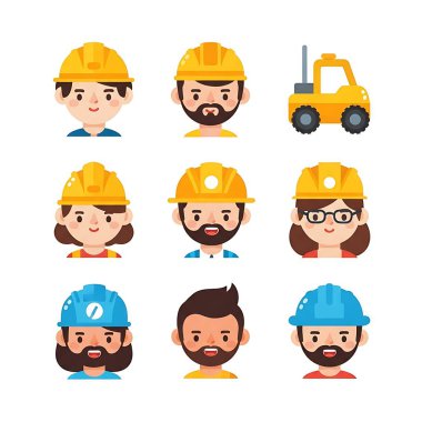 Bir grup farklı insan ve inşaatçı. düz vektör çizimi beyaz arkaplanda izole edildi.