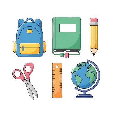 okul malzemeleri dizaynı, okul malzemeleri ve ders temalı vektör illüstrasyonu