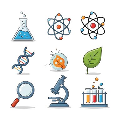 Bilim araştırma simgeleri seti, çizgi film biçimi