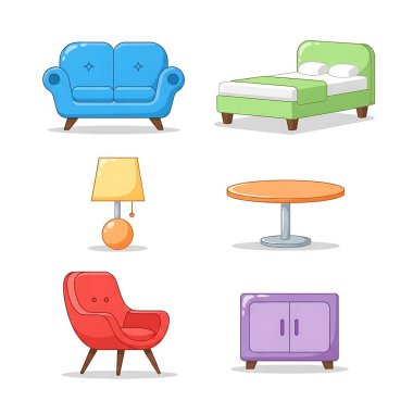 kanepe beyaz arkaplan vektör illüstrasyonunda izole edilmiş çizgi film tarzında simgeler