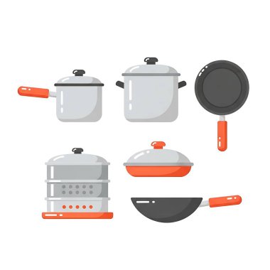 Çeşitli mutfak gereçleri. Beyaz arkaplanda izole edilmiş vektör düz illüstrasyon