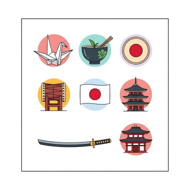 Japonya seyahat simgesi seti, düz stil
