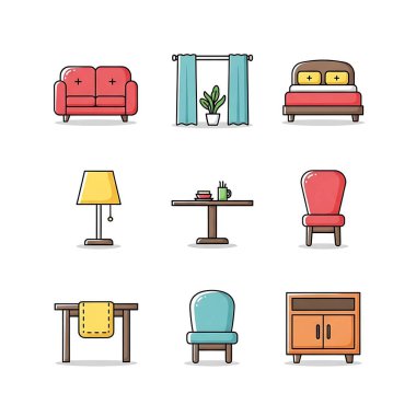 Mobilya ve iç tasarım elementleri ayarlandı. vektör.