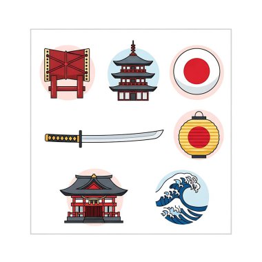 Japonya simgeleri seti, çizgi film illüstrasyonu